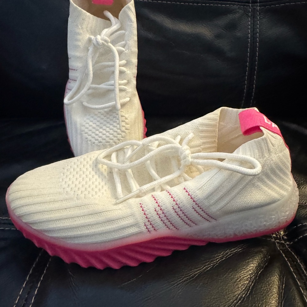 White and Pink Sneakers with Knit Upper and Bold Sole. Used gently a few times